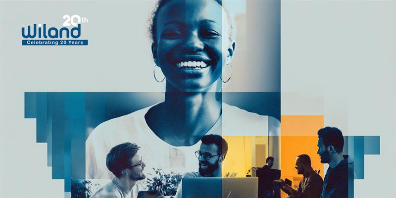 A collage saying 'Wiland's 20th anniversary' upper left corner, with individuals engaged in collaborative work in a modern office setting.