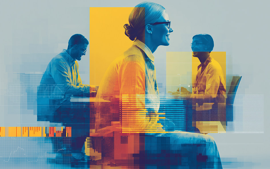 Happy office workers in an interesting collage