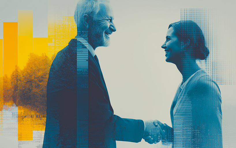 an older man and younger woman shaking hands and smiling