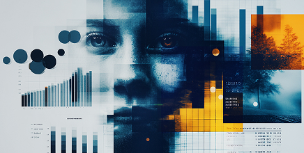 an abstract woman's face with charts and graphs