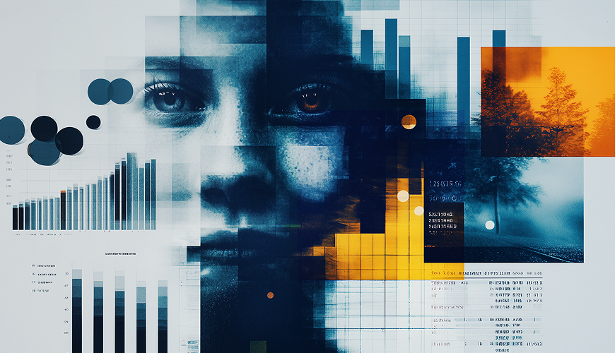 a woman's face with charts and graphs