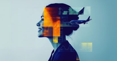 A smiling woman looks to the left with abstract orange and yellow overlays along with a flying airplane.