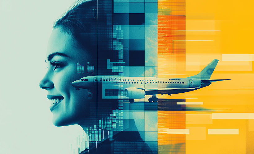 a collage with a smiling woman and an airplane