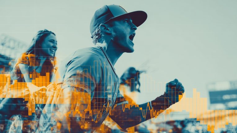 Cheering fans at a baseball game in an outdoor stadium