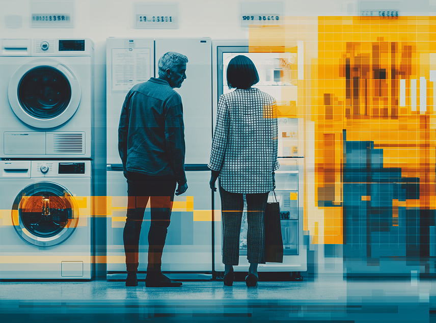 a man and a woman shopping for appliances