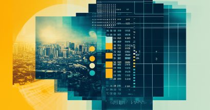 A city skyline next to a screenshot of code.