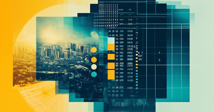 A city skyline next to a screenshot of code.