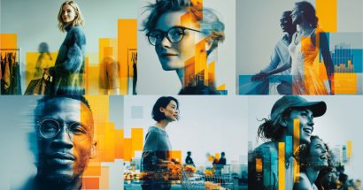 Collage of eight people showing various shopping and consideration activities.