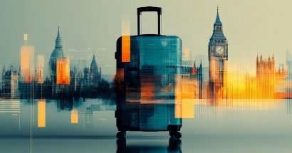A suitcase in front of a collage of a domed building and clocktower.