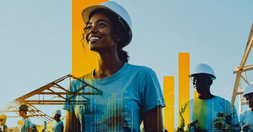 A woman in a hard hat smiles as other construction workers work in the background.