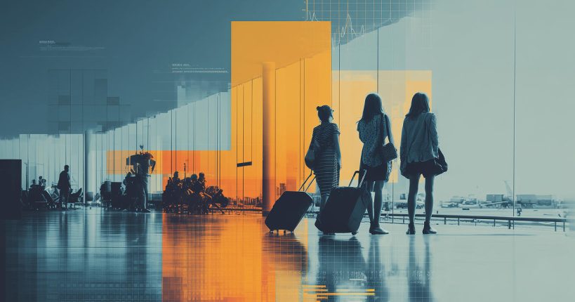 A group of travelers standing near the window in an airport, looking out over the runway, holding onto their luggage.